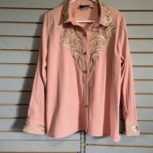 Bob Mackie Art Nouveau Embroidered Button Down Shirt Peach Long Sleeve L Vintage